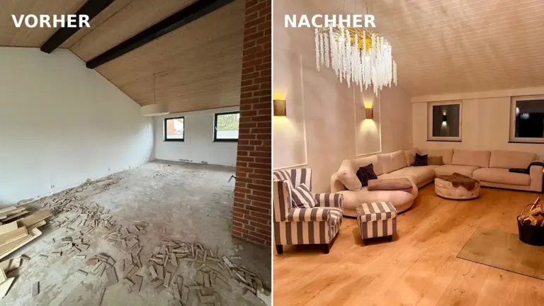 Vorher-Nachher Bild mit einem renovierungsbedürftigen Raum links und einem von RoGi-Bau frisch renovierten Raum rechts.