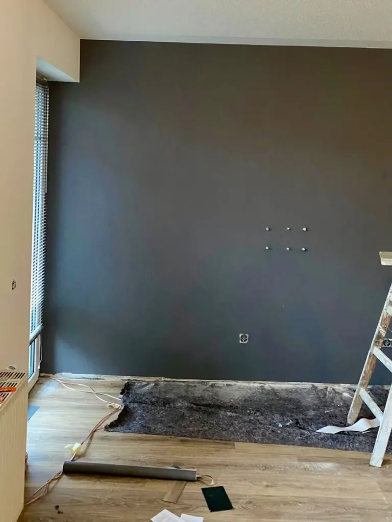 Eine frisch gestrichene dunkelgraue Wand in einem Wohnzimmer, umgesetzt von RoGi-Bau.