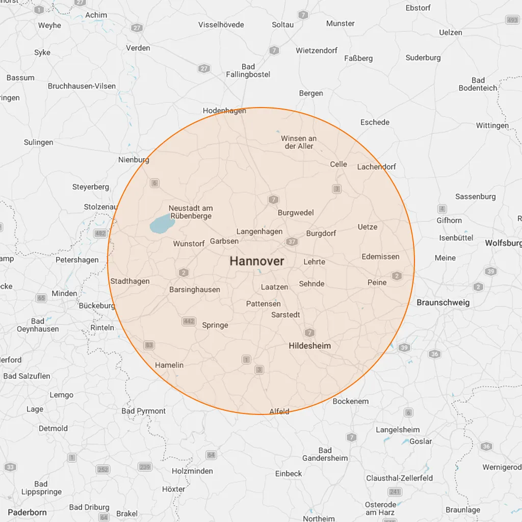 Graue Karte mit Hannover im Zentrum und einem orangenen Kreis 40km um Hannover.